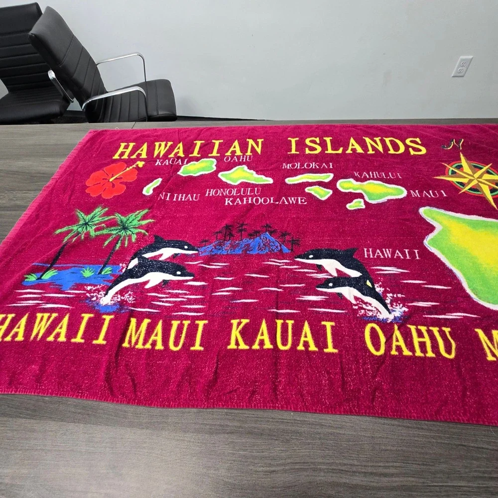 Favant Hawaiian Islands Beach Towel Pink Cotton Map Maui Kauai Dolphins 62x37